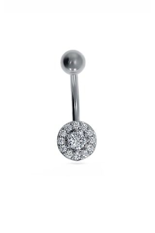Kadın Taşlarla Çevrili Tek Taş Model Çelik Piercing Gümüş