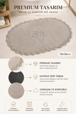 Vizon Dantelli Kaymaz Taban Banyo Paspası Güpürlü Yıkanabilir Banyo Takımı Venecca pudra