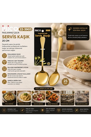İbico İ22-445 25cm Gold Altın Metal Servis Kaşık - 12'li Paket Diğer