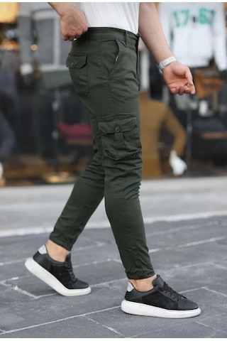 Erkek Körüklü Cep Ve Paça Ribana Detaylı Haki Keten Kargo Pantolon Haki