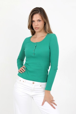 Hdm Kadın Yeşil Uzun Kollu Fitilli Patlı Düğmeli Basic Örme Bluz - H6162 YEŞİL