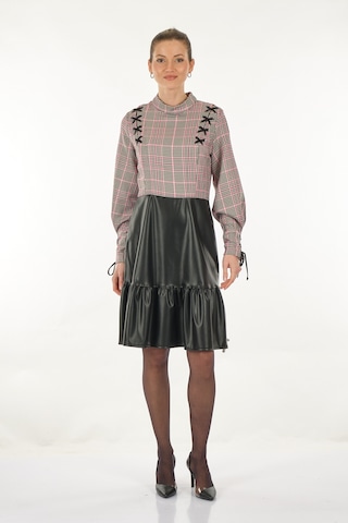 Unique Mode Yarım Balıkçı Kareli Uzun Kollu Siyah Kadın Elbise Uw 001