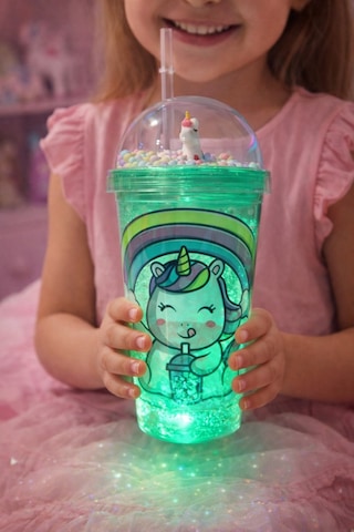 Renkli Boncuklu Sevimli Unicorn Tasarımlı 450 Ml Led Işıklı Pipetli İçecek Bardağı Suluk Yeşil 2646