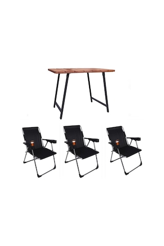 Alin Metal 3''lü Lüks Bardaklı Kamp Sandalyesi Ve Masa Set Siyah Siyah