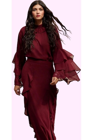 Ersefa Kadın Maxi Etek Ramadan Koleksiyonu 100% Polyester Şifon Kumaş Gü Bordo