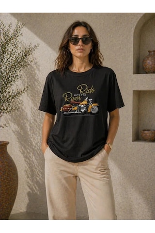 Efnaz Style Motosiklet Baskılı Tişört Bisiklet Yaka Kısa Kol Yazlık T-shirt - Siyah