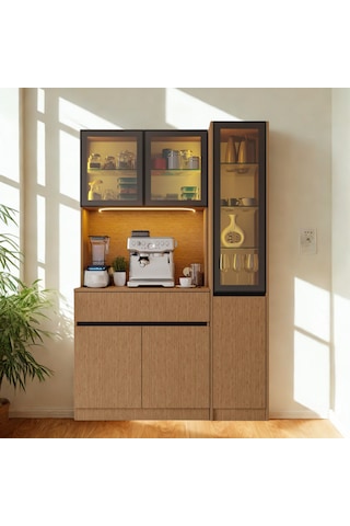 Nordıc Wood Led Li Kahve Köşesi Ünitesi Sağ Vitrinli Füme Cam Komple Mdf Modern Mutfak Kahverengi