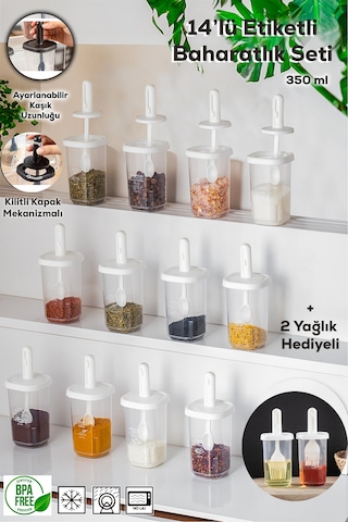 Porsima 1103 14lü Kaydırmalı Kaşıklı Kapaklı Baharatlık Seti Beya Beyaz