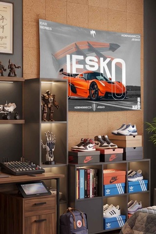 Koenigsegg Jesko Turuncu Süper Spor Araba Dekoratif Duvar Örtüsü Duvar Halısı Beyaz