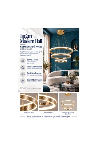 Çember 30-40-50 Modern Ledli Avize Çizgili 3 Renk Power Ledli Gold Kaplama Yatak Odası Salon Mutfak