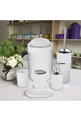Lemestar Beyaz Pp Plastik Banyo Aksesuar Seti Sabun Spreyi, Fırça Tutucu, Tuvalet Fırçası, Çöp Kutusu, Bardak, Sabun Tablası 6 Parça Beyaz