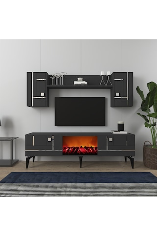 Maddera Şömineli Tv Ünitesi Takımı Antrasit-gümüş