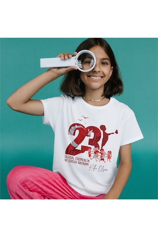 Alpşan Ticaret 23 Nisan Tişört 23 Nisan T-shirt Beyaz Çocuk Yetişkin Tişört Unisex T-shirt Çocuk Bayramı 53 Beyaz