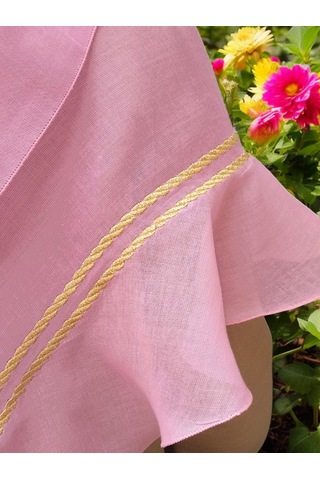 Baş Tasarım Volanlı Gold Sim Bordür Nakışlı Pembe Pamuklu Şal Başörtü