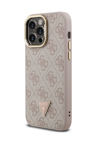 Apple iPhone 14 Pro Max Uyumlu Kılıf Guess Lisanslı Üçgen Logo 4g Desenli Kamera Standlı Kapak Pembe