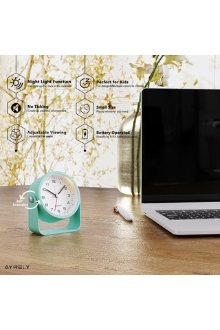 Gajeena Ayrely 3.5 İnç Metal Kasa Retro Tersine Saat - Işıklı, Pilli Masa Saati, Sessiz Hareket, Uyandırıcı Ve Snooze Fonksiyonu, Oturma Odası/yatak Odası Dekoru Açık Yeşil
