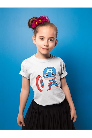 Sevbano Kaptan Amerika Baskılı Unisex Film Çocuk Tişört 1-12 Yaş Beyaz