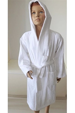 Kapşonlu Pamuklu Çocuk Bornozu Beyaz