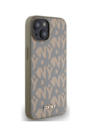 Apple Uyumlu iPhone 15 Kılıf Dkny Lisanslı M-safe Şarj Özellikli 3d Yazılı Grid Pattern Kapak Kahverengi