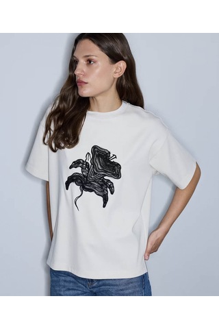 İpekyol Tül Ve Nakış Aplikeli Ekru Kadın T-shirt Iw6260070170