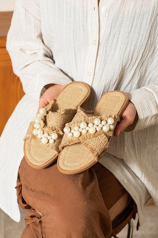 Dabab Shoes Mırella Kadın İncili Hasır Dokulu Düz Şık Bej Terlik