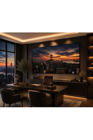 New York Gün Batımı Şehir Manzaralı Kanvas Tablo Premium Modern Duvar Dekoru Ofis, Yönetici Odası, Salon Ve Çalışma Alanları İçin Lüks Dekoratif Tablo