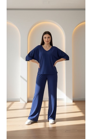 Divinus Bol Kesim V Yaka Yarım Kollu Pijama Takımı Lacivert