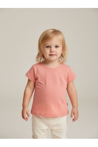 Zekids Kız Bebek İnci Detaylı Kısa Kollu T-shirt-16934 Pembe