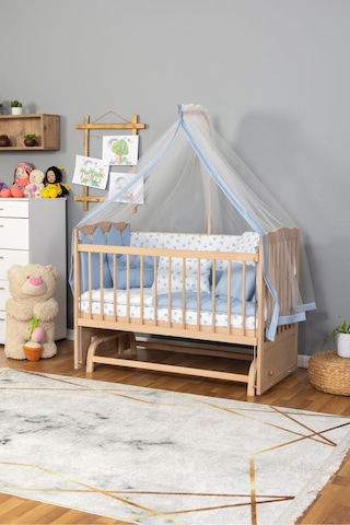 Ahşap Beşik Anne Yanı Beşik Organik Boyasız 60x120 - Mavi Prens Erkek Uyku Seti Yatak Ahşap