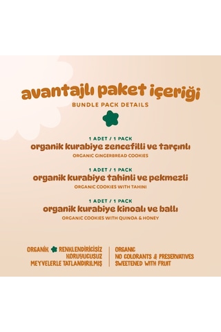 Organik Vegan Zencefilli Tahinli Ballı Kinoalı Kurabiyeler Atıştırmalık Paketi - 3 Adet 3 Çeşit 165 G