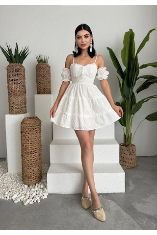 Tua Moda Lucca Kolu Lastikli Mini Elbise Beyaz