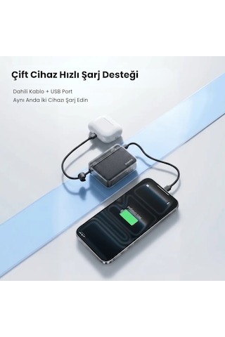 Sharge Flow Go 10000 Mah Dahili Type-c Kablolu Kompakt Powerbank Taşınabilir Hızlı Şarj Cihazı Siyah