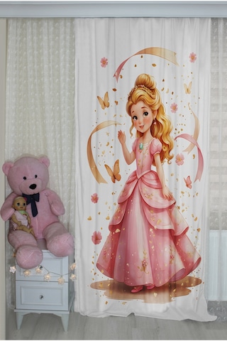 Pembe Prenses Kelebekli Çift Kanatlı Çocuk Odası Perdesi