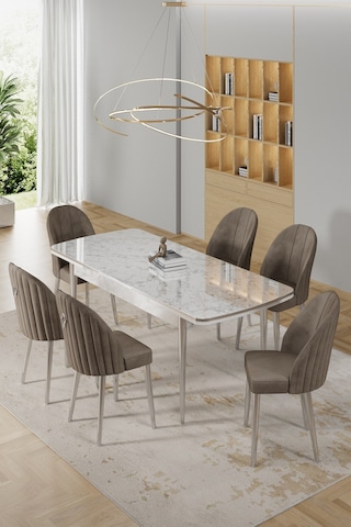 Canisa Rada Serisi 80x132 Açılabilir Lak Panel Beyaz Mermer Desen Masa 6 Cappucino Sandalye Krom Detay Masa Beyaz Mermer Desen Sandalye Cappucino