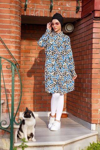 Polologin Butik Renkli Çiçek Desenli Uzun Tunik Mavi Yeşil Siyah