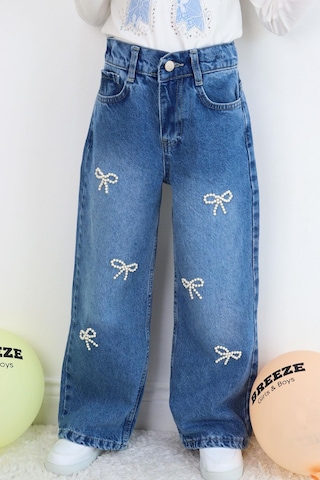 Breeze Kız Çocuk Jean Pantolon İnci Detaylı Fiyonk İşlemeli 5-9 Yaş, Mavi Mavi