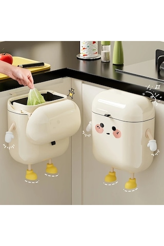 Honeybeeshop Sevimli Çizgi Film Tasarımlı 9l Asma Mutfak Çöp Kutusu Duvar Montaj Büyük Kapasiteli Koku Saklayan Su Geçirmez Plastik 10l Siyah