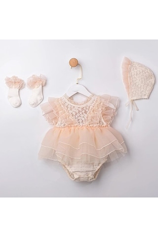 Ministok Helen Sırt Kısmı Fiyonk Bağlamalı Dantelli Kız Bebek 3'lü Romper Takım Çorap-bone-romper Bej