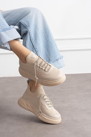 Shoetek Polivya Kadın Sneakers Taşlı Bağcıklı Triko Dokumalı Spor Ayakkabı Bej Deri Bej Cilt Bej