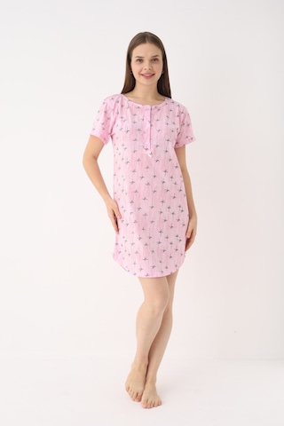 Yasar Underwear Kadın %100 Pamuk Desenli Kısa Kollu Yarım Pat Düğmeli Rahat Kesim Gecelik Pembe Pembe