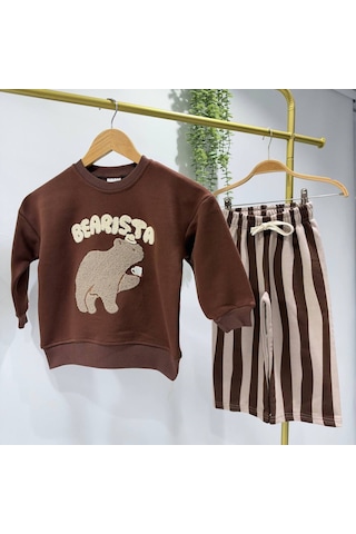Bearista Ayı Baskılı Sweatshirt Çizgili Eşofman 3ip Alt Üst İkili Takım Kahverengi