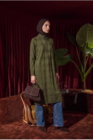 Armine Trend Baklava Desenli Fermuar Yaka Uzun Triko Tunik Haki 25ktd4112