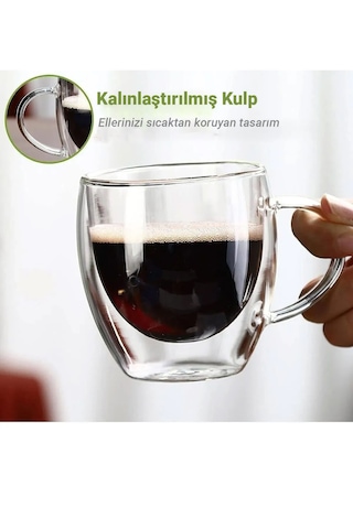 Main 2 Adet 250 Ml Çift Cidarlı Kulplu Cam Çay Kahve Süt Kupa Borosilikat Bardak Şeffaf