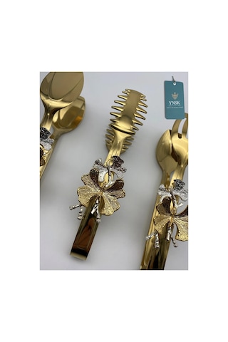 Chacha Home Luxury Papillon 3'lü Paslanmaz Kelebek Dekorlu Titanyum Gold Kaplama Çelik Maşa Seti Gold