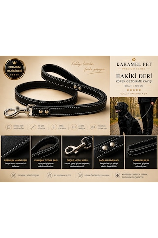 Premium Hakiki Deri Köpek Gezdirme Kayışı Siyah 100 Cm Yumuşak Dolgulu Tutma Saplı