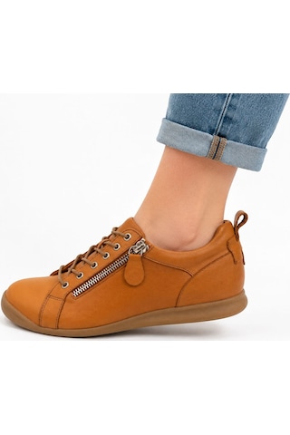 Papucumun Dünyası Kadın Hakiki Deri Yan Fermuar Detaylı Casual Sneaker Taba