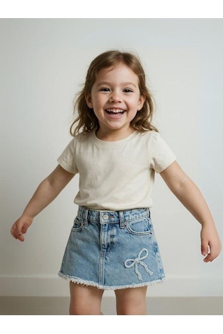Kız Çocuk Fiyonk Detaylı Kot Etek-15824 Mavi