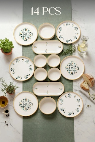 14 Parça 6 Kişilik Sıla Stackable Kahvaltı Takımı - Lüx Kahvaltılık Sunum Seti Tabağı Turuncu Mint
