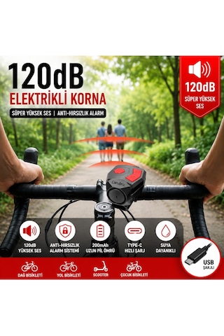 Luve Store 120 Db Usb Type-c Şarjlı Bisiklet Kornası Elektrikli Zil Hareket Sensörlü Alarm Scooter Uyumlu Siyah - Kırmızı
