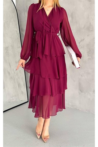 Neşeli Butik Kadın Astarlı Eteği Kat Kat Şifon Elbise Nbkklf2041 Bordo